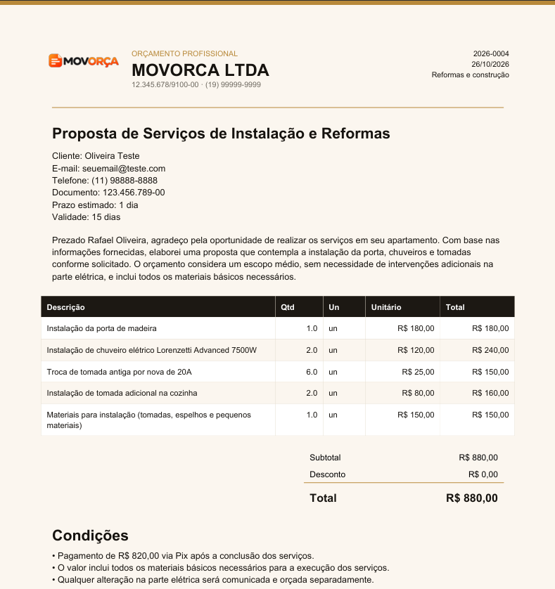 Exemplo de orçamento pronto, com itens, valores e condições.